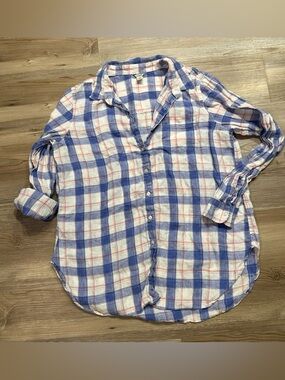 Linen L.L. Bean Blue, White and pink Plaid Casual Button Shirt